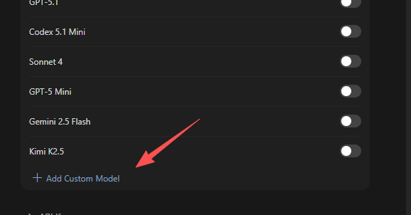 Cursor 设置界面:点击 + Add Custom Model 添加自定义模型