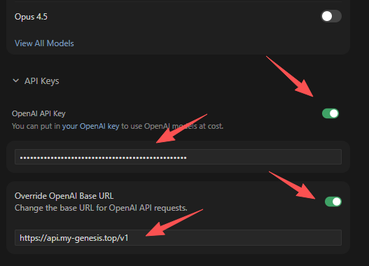 Cursor 设置界面:填写 OpenAI API Key 和 Override OpenAI Base URL